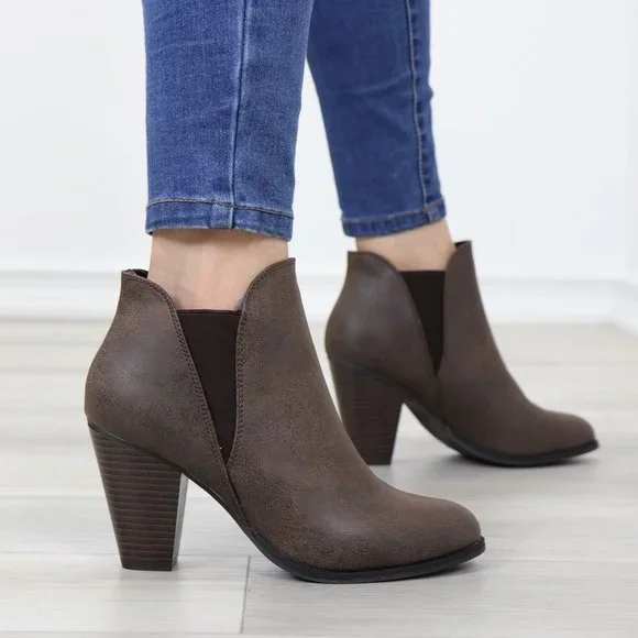 Chelsea Cone High Heel Ankle Boots Brown Synthetic Leather Pointed Toe - Picture 7 of 14